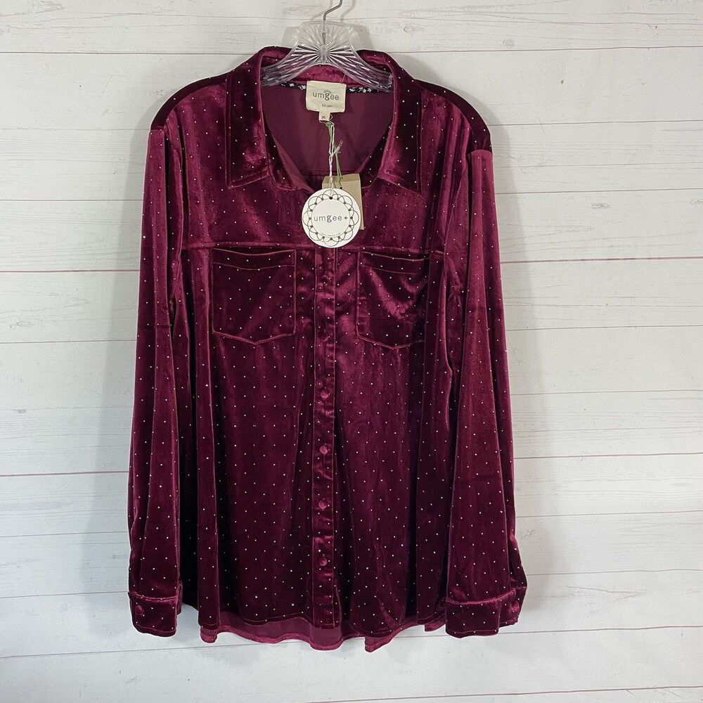 Umgee Womens Velvet Button Front Wine Top 2XL Burgundy Crystal Studded New